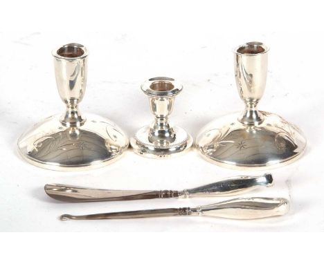 Mixed Lot:  A pair of Gorham sterling dressing table candlesticks, (loaded) (a/f), a single small candlestick (loaded) togeth