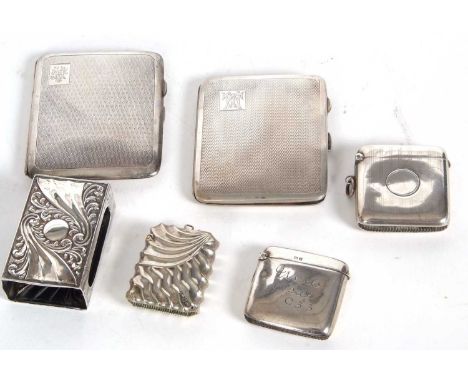 Mixed Lot:  Two Art Deco hallmarked silver cigarette cases with engine turned decoration around engraved initials, having pre