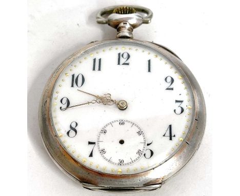 A white metal pocket watch, stamped in the case back 0.800 and features a crown wound movement, it also has a white enamel di