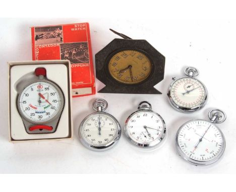 Mixed lot of four stop watches, a pocket watch and a clock