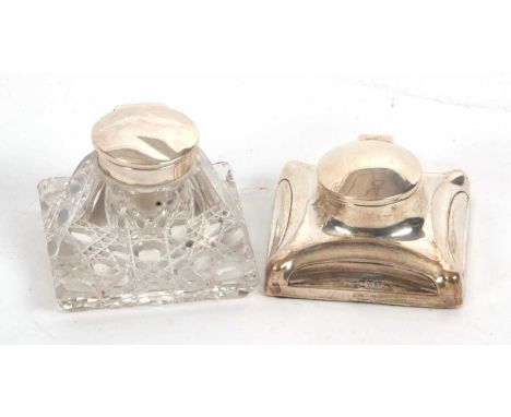 A George V silver cased ink well, plain shape square form (loaded), Chester 1923, makers mark J &amp; R Griffin Ltd together 