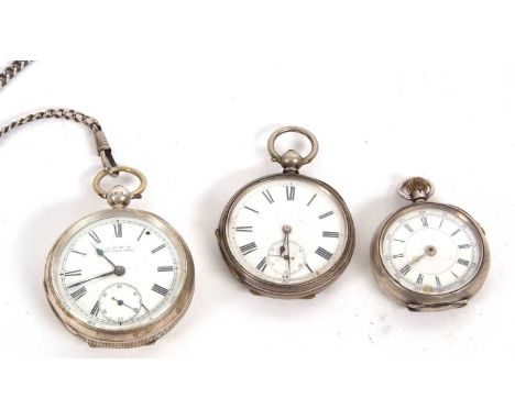 Three silver open face pocket watches, each with enamel dials (all a/f)