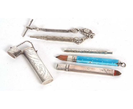 Mixed Lot: An enamel cased pencil holder marked sterling (enamel losses), a 925 marked pencil holder, a hallmarked silver cas