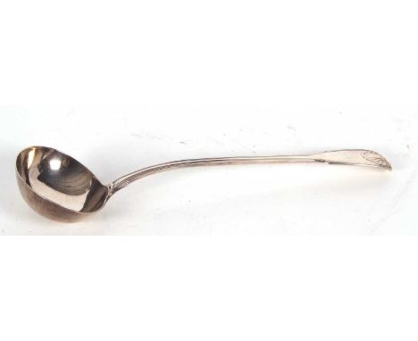 A Victorian silver fiddle, thread and shell pattern soup ladle having an oval bowl and engraved with a crown, hallmarked Lond