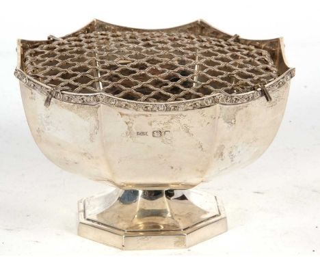 Hallmarked silver pedestal rose bowl of octagonal form having a Celtic design shaped rim, engraved with initials, fitted rose