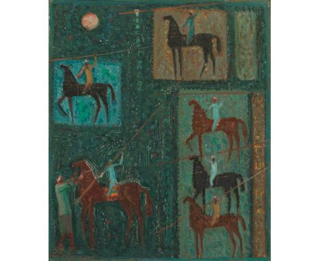 Sayed Abdel Rasoul (Égypte, 1917-1995)Les Cavaliers  signé en arabe en bas à gauchehuile sur panneau36 x 31cm (14 3/16 x 12 3