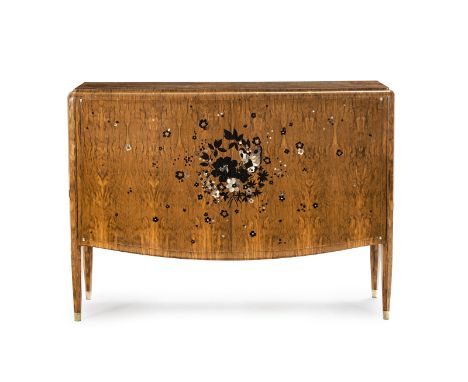 Commode d'époque Art Déco par Jules Leleu&nbsp;(1883-1961), en placage de loupe de noyer à décor marqueté de motifs floraux e