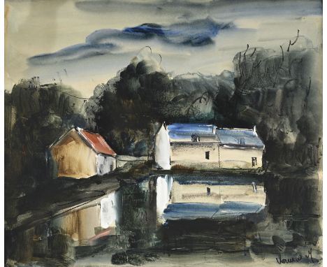 Maurice de Vlaminck (1876-1958),  Maisons au bord de l'eau , c. 1930,&nbsp;aquarelle,&nbsp;encre et gouache sur papier, signé
