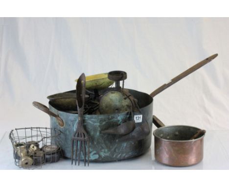 Mixed collectables to include a large copper pan, scales, weights etc
