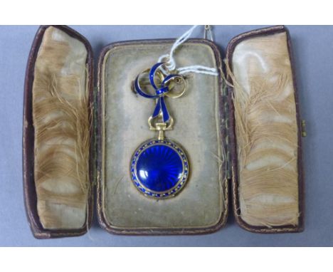 Leather boxed ladies 18ct Gold & Guilloche enamel fob watch with matching hanger brooch