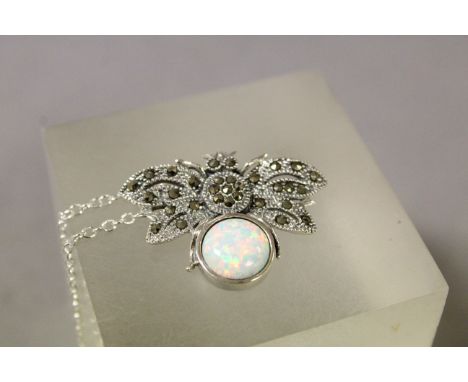 Silver marcasite and opal butterfly necklace on silver chain