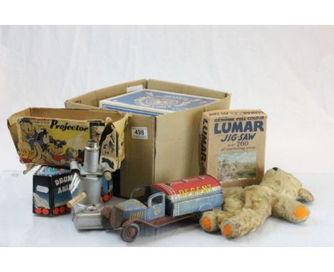 Mixed Lot of Toys, Jigsaws and Games including Wells London Tin Plate Tanker and Boxed Walt Disney Film Strip Projector