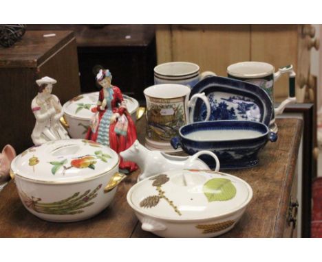 Mixed Lot of Ceramics including 19th century Mocha Mug (a/f), Paragon Figurine, Sadler Tankards, Royal Evesham Tureen & Cover