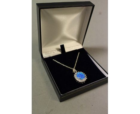 Silver and CZ pendant necklace with large blue opal drop