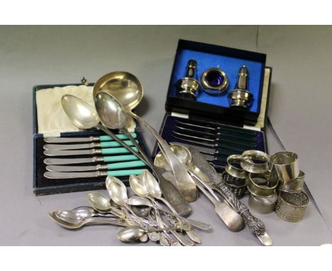 Collection of silver plated cutlery to include Stuffing spoons, Ladle, Boxed cruet set