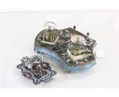 Chinese Cloisonne enamel ink stand and pot with floral decoration & two glass inkwells along with a Middle Eastern enamel ink
