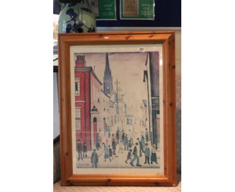 Pine Framed and Glazed L.S Lowry Print, "The Organ Grinder"