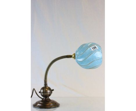 Vintage Copper & Brass flexible desk lamp with blue glass shade and marked to weighted base RWB 2876