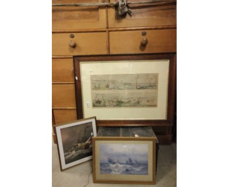 An oak framed hunting print and two framed pictures.