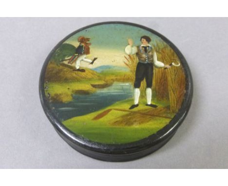 19th Century papier mache snuff box with unusual painted scene of a man cutting reads & waving to a marching man size Cockere