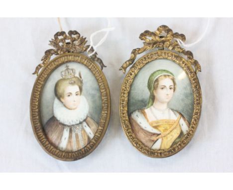 Pair of Hand Painted Portrait Miniatures on Ivory of 16th century style  Ladies, one wearing a Crown, both contained in ornat