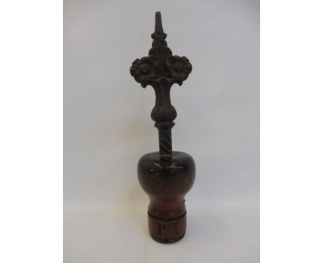 A Folk Art cast iron and painted wood boundary marker post finial for Fletching, East Sussex, 14" h.