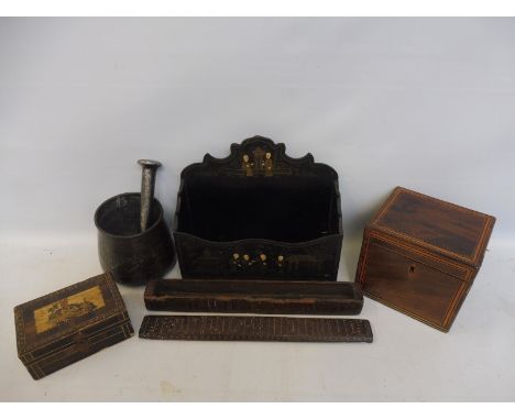 A quantity of assorted collectables including a Georgian tea caddy, a lacquered letter rack etc.