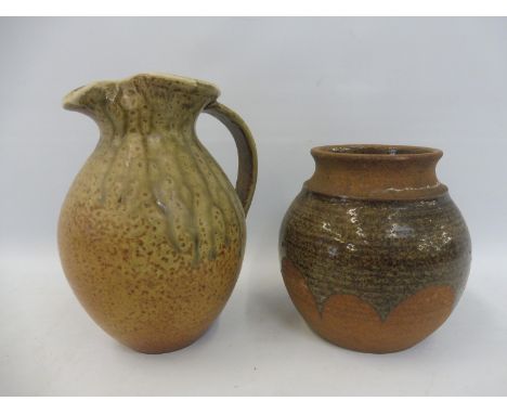 A Leach pottery vase, 5" high plus a Leach jug, 7" high, both with impressed marks.