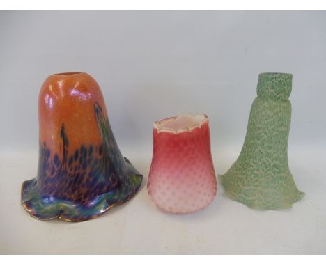 Two colourful glass light shades plus an Edwardian pink glass vase. 