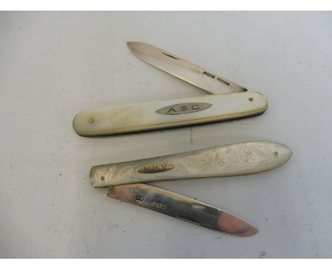 Three sterling silver and mother of pearl handled fruit knives. 