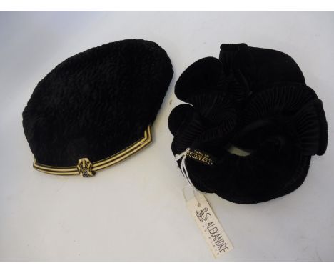 A black velvet evening purse with Art Deco enamelled closure plus a velvet and creped silk hair band.