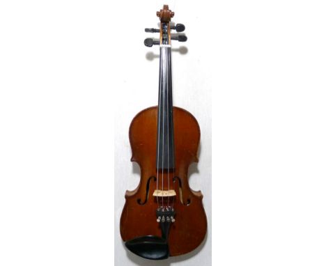 ¾ size violin c. 1900 Czech, Stradivarius model.13 ¼" (33.5 cm) length back. Nicely figured two-piece back, some scuffs and s