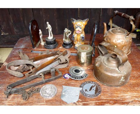 Brass mounted book stand, vintage ice skates, trophy, badges,  two copper kettles, animal trap, dog model. Etc. 