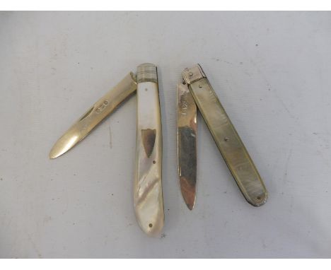 Three sterling silver and mother of pearl handled fruit knives. 