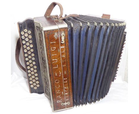 An early 20th century three row button Accordion Ranco Luigi. Nicely preserved collector item. Minor tinkering needed for pla