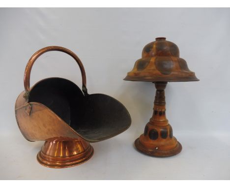 A Victorian copper coal scuttle plus a olive wood table lamp. 