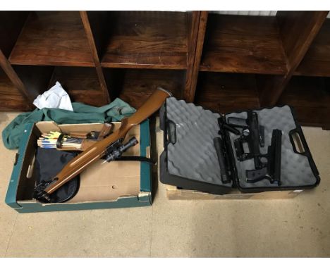 Various air pistols, to include a Webley Stinger, a crossbow and accessories