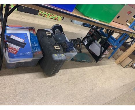 Various tools, a heater and two workmates