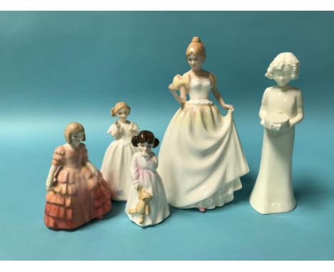 Four Royal Doulton figures and one Royal Worcester figure