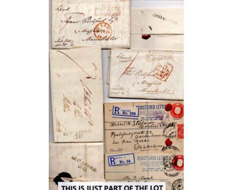   box of mixed GB postal history and ephemer in flat box incl Surrey pre-stamp envelopes with ‘Godstone Penny Post’ (3). 1890