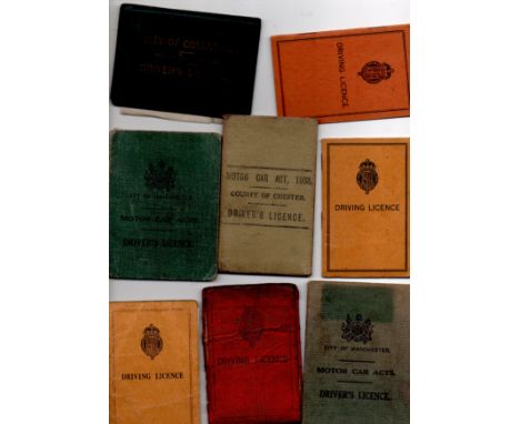  Vintage driving licences x 8. Various periods btwn. 1920s – 50s. Holders addresses include Manchester, Coventry, Cheshire. M
