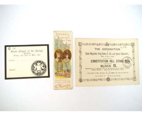 (Ephemera). A Coronation of Edward VII and Queen Alexandra ticket, Constitution Hill Stand Block B, 26th June 1902, together 