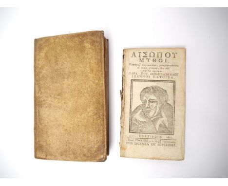 Aesop: 'Fabulae Aesopi Graece &amp; Latine...'Amsterdam, Joannem Ravesteynium, 1672, title page with printers woodcut device 