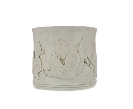 20TH CENTURY CHINESE BRUSH POT, with the eight immortals in relief around the body, incised seal mark to base, 16cm diameter