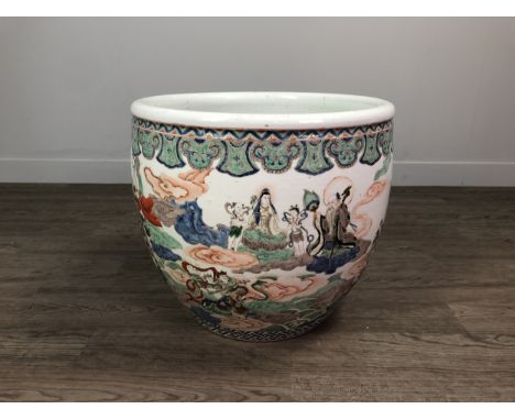 LATE 19TH CENTURY CHINESE STONEWARE PLANTER, painted with figures and animals in a battle scene amongst clouds on a white gro