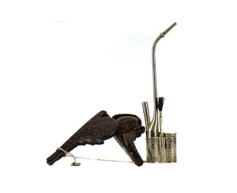 CHINESE OPIUM SCALES AND PIPE, the scales housed in carved wood, the pipe 32cm high