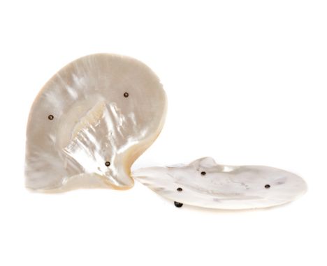 TWO LATE 19TH CENTURY MOTHER OF PEARL-FORMED DISHES, 27cm wide, along with a soapstone water pourer and a hardstone amulet (4