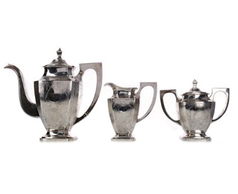 CHINESE SILVER TEA SERVICE, comprising a tea pot, lidded sugar and cream, and a tray, each piece with bamboo designs, the tra