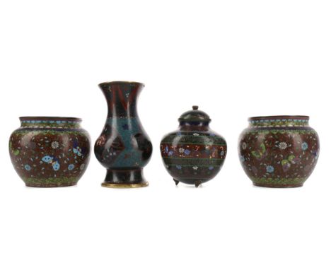 PAIR OF EARLY 20TH CENTURY CHINESE CLOISONNE ENAMEL POTS, decorated with butterflies and flowerheads, 10.5cm high, along with