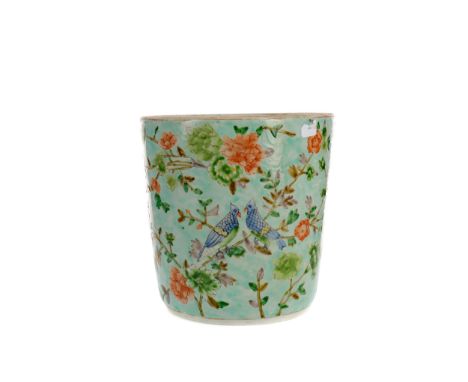 20TH CENTURY CHINESE PLANTER, painted with perched birds on flowering branches on a green mottled ground, 21cm high